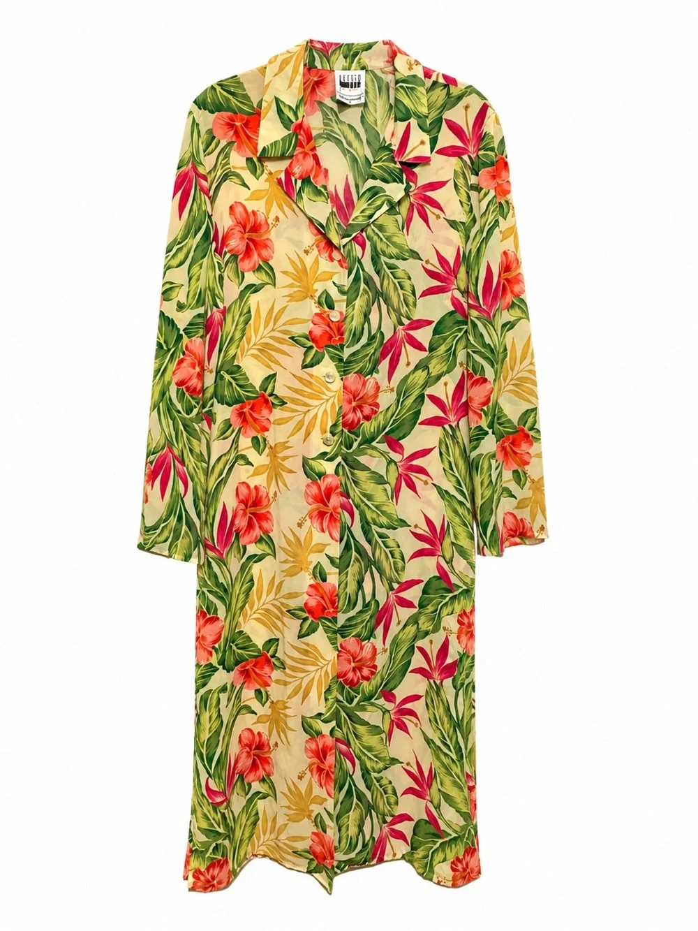 Leslie Fay Tropical Floral Long Duster Kimono Resort Beach Cruise Cover Up